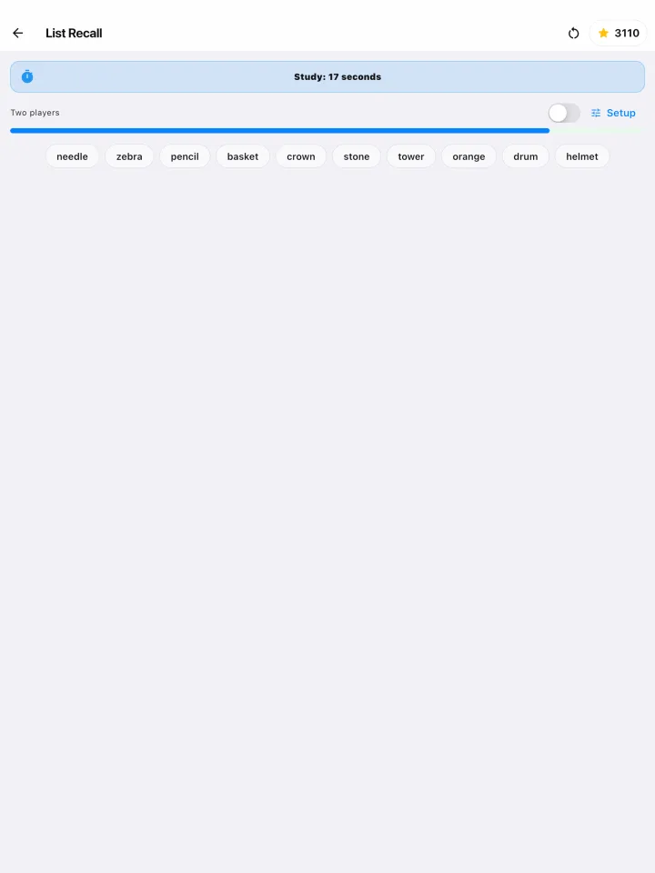List Recall game on a tablet